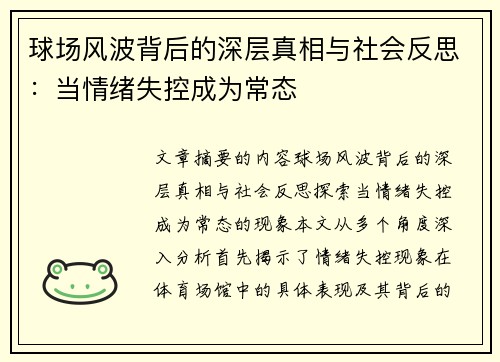球场风波背后的深层真相与社会反思：当情绪失控成为常态